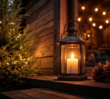 Rituel et convivialité : lanterne et lumières chaudes sur la terrasse d’un sauna extérieur