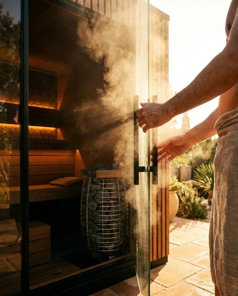 Main ouvrant la porte vitrée d’un sauna, vapeur s’échappant devant le poêle à pierres, lumière dorée