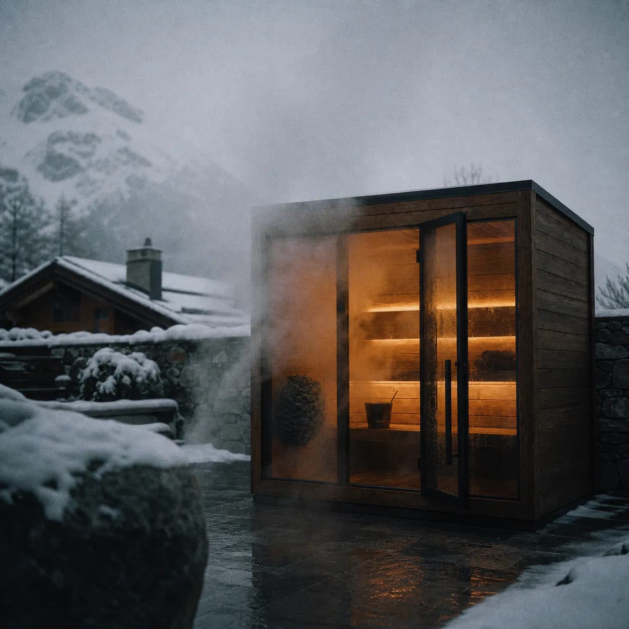 Cabine de sauna vitrée en bois sombre, éclairée de l’intérieur, sur une terrasse enneigée face aux montagnes