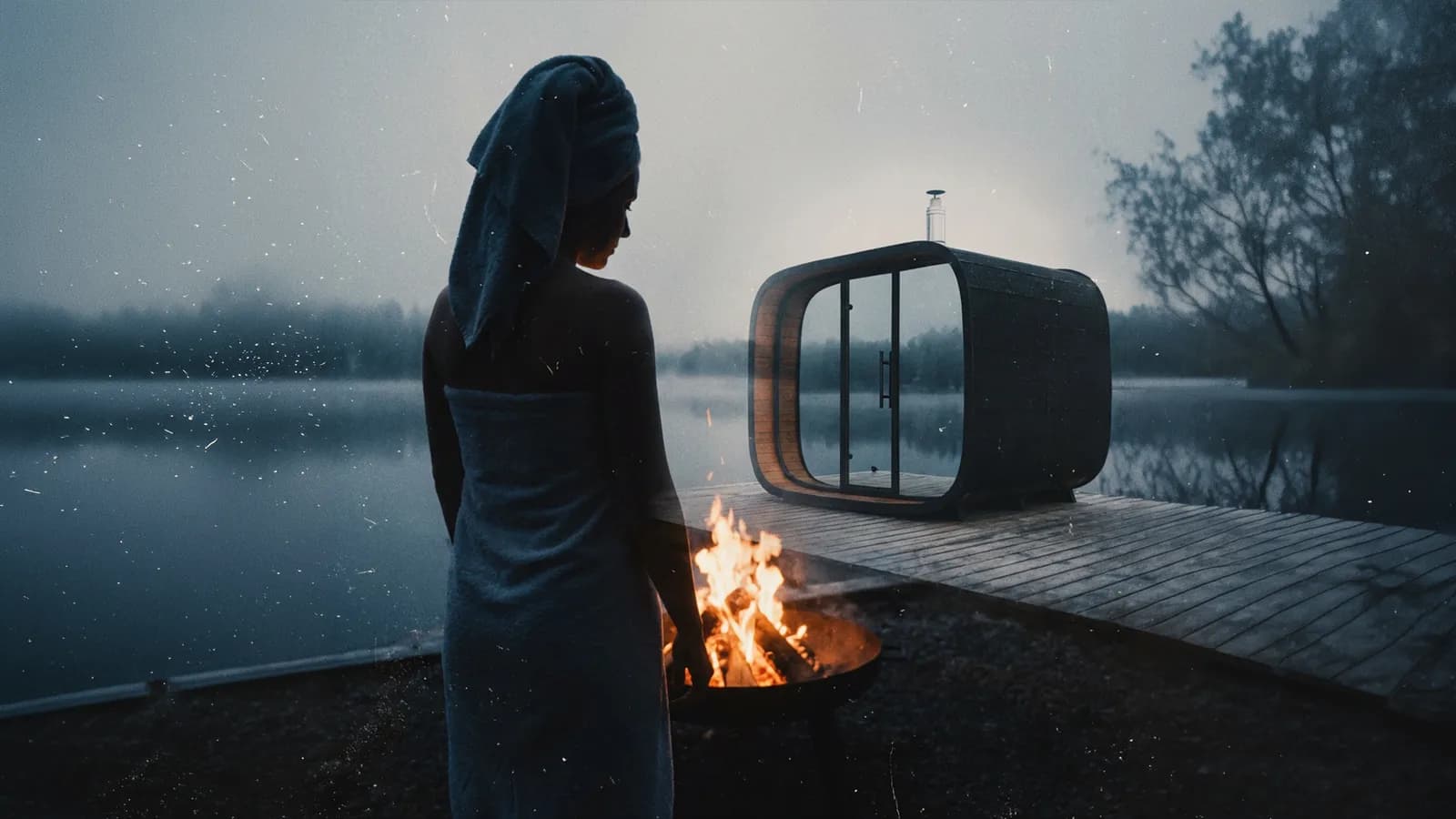 Vue d’un sauna cube en bois ThermoWood entouré d’arbres, lumière naturelle