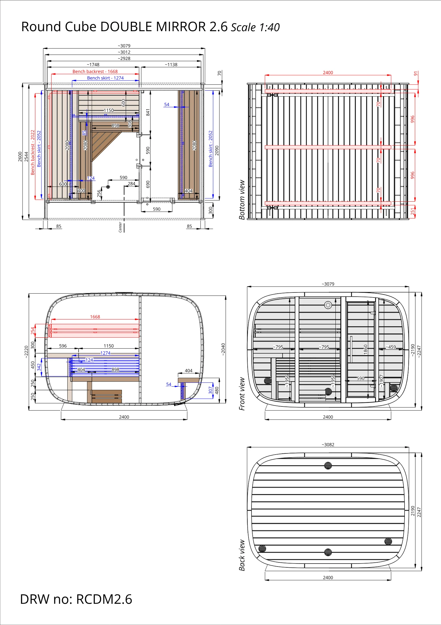 Plan coté du Round Cube Double 2.6, dimensions en millimètres