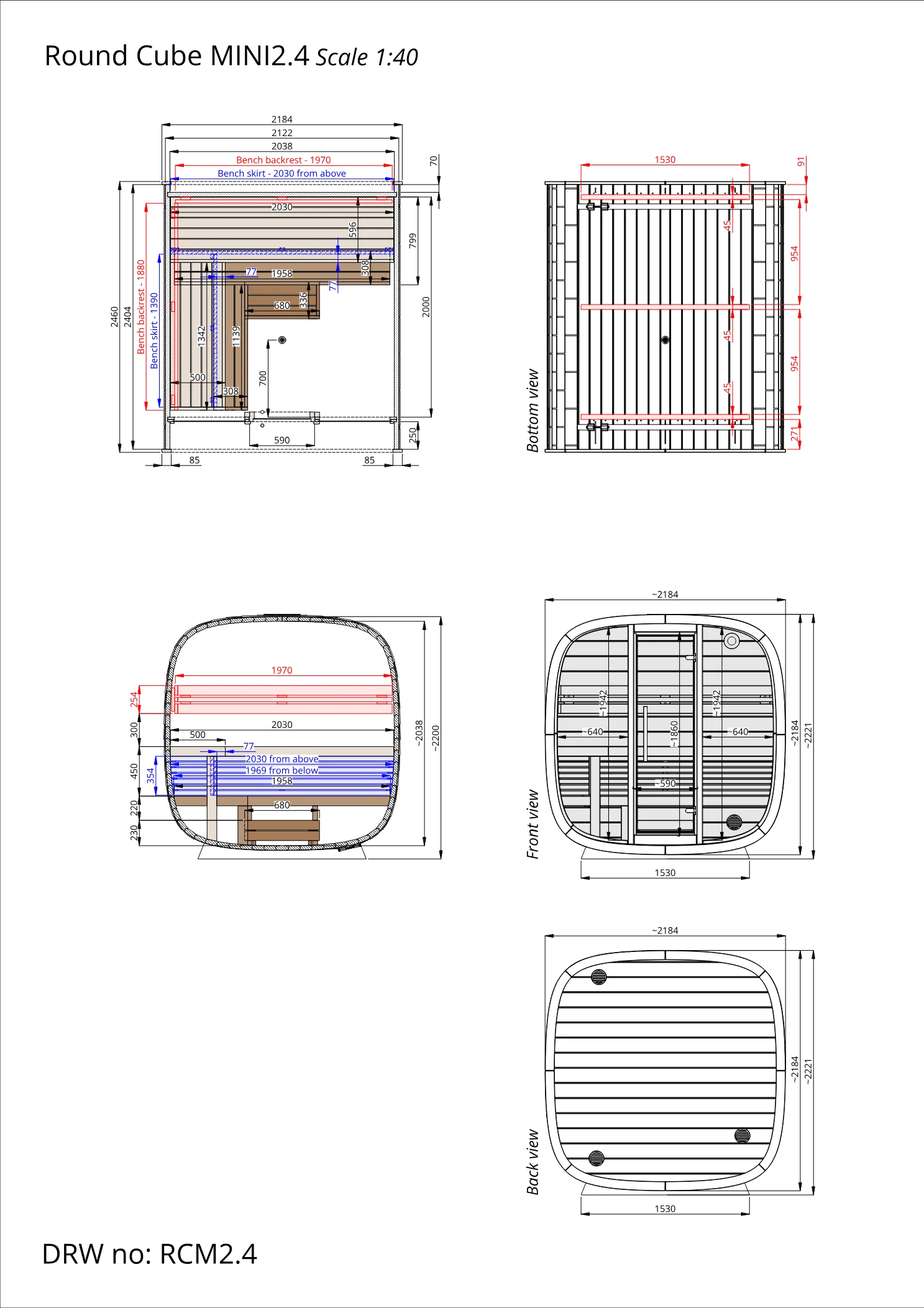 Plan coté du Round Cube Mini 2.4, dimensions en millimètres