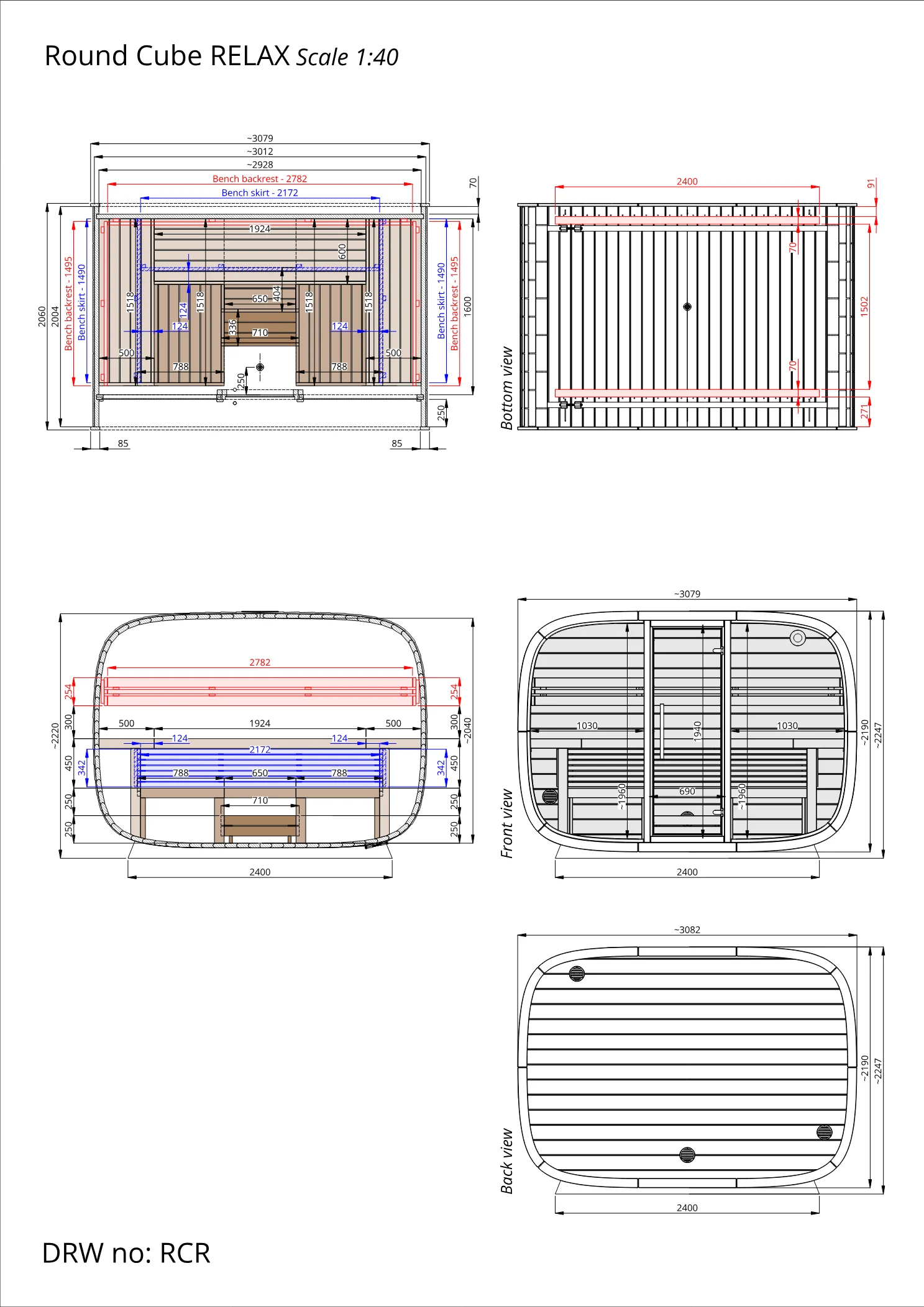 Plan coté du Round Cube Relax 2.0, dimensions en millimètres