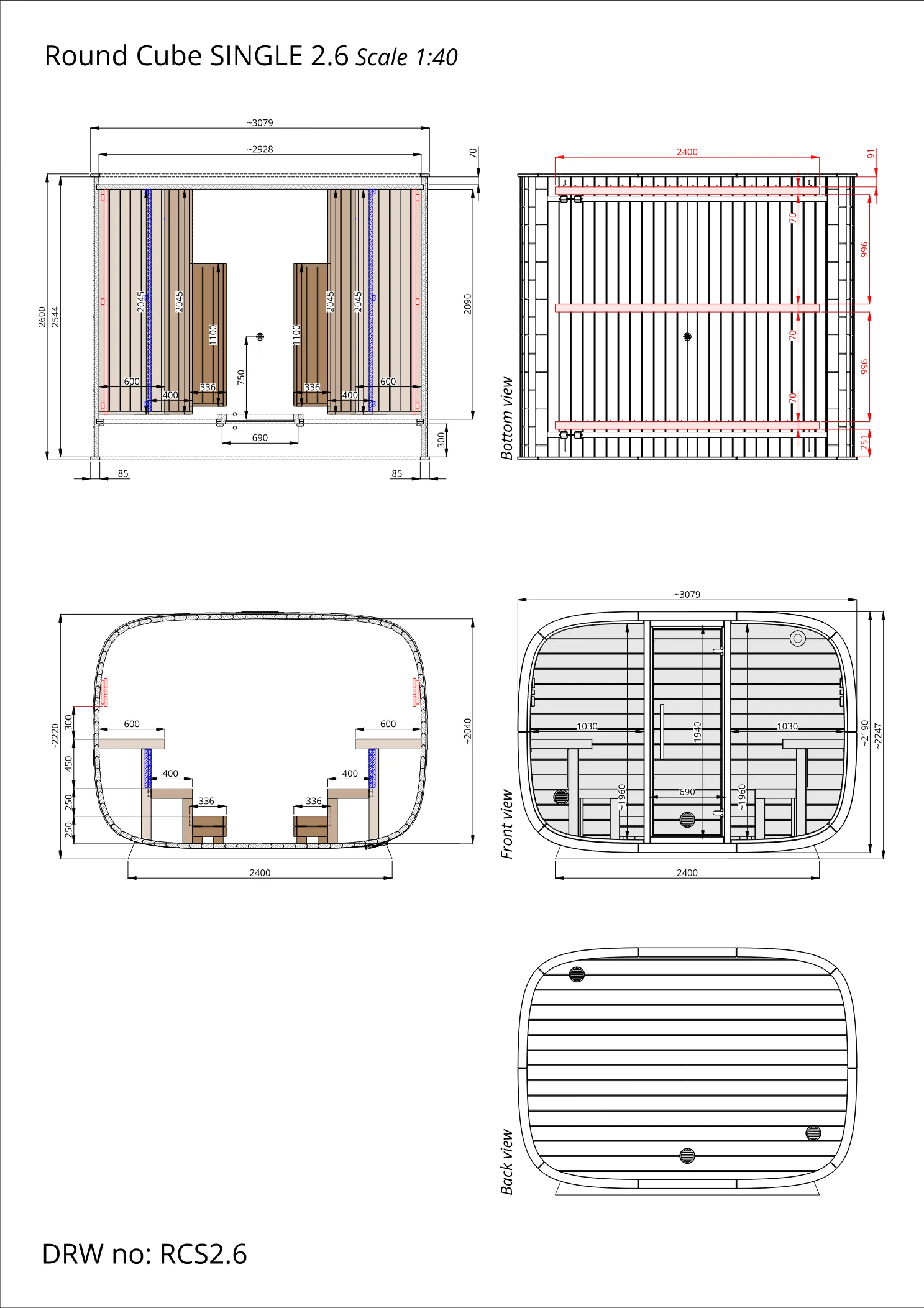 Plan coté du Round Cube Single 2.6, dimensions en millimètres
