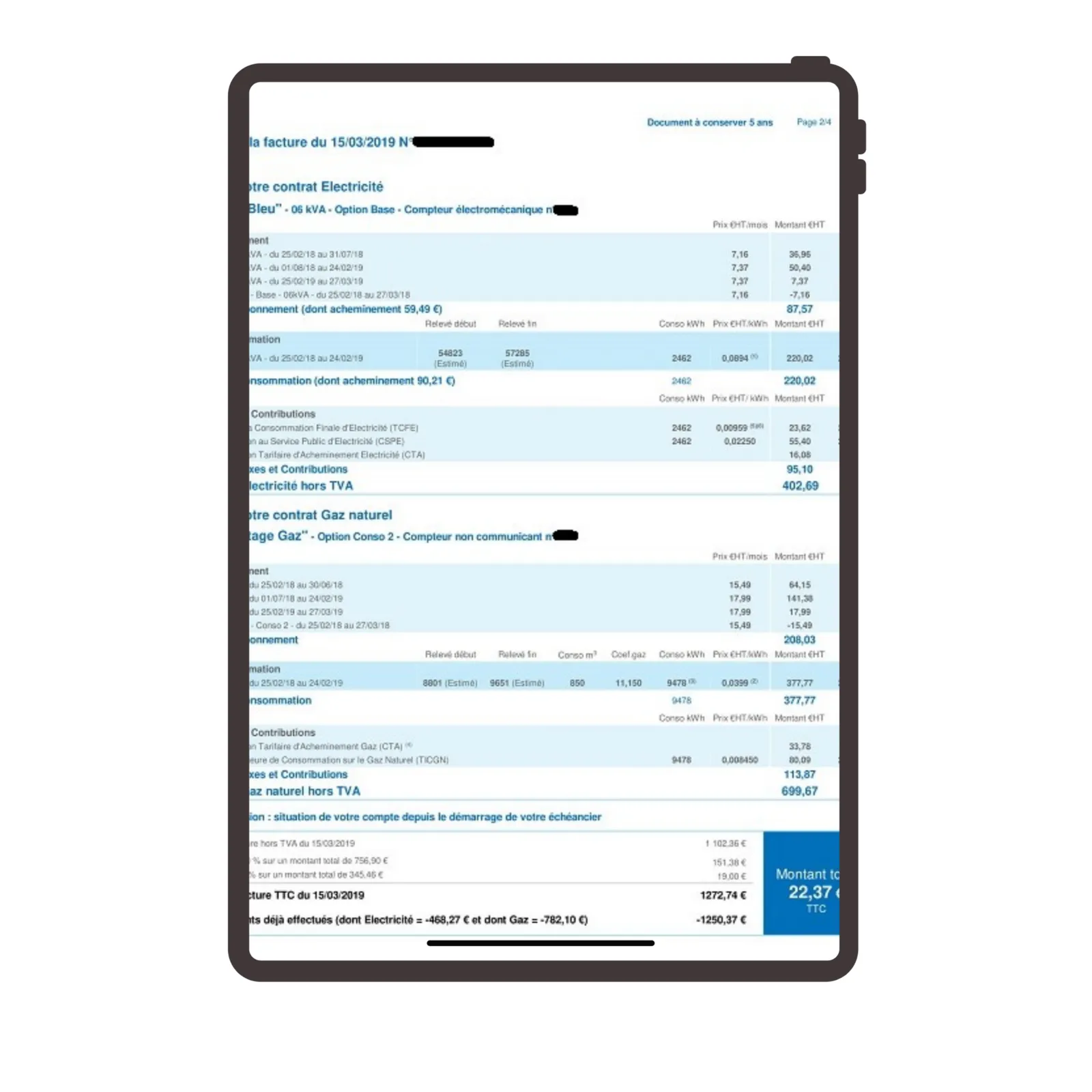 Facture d’électricité affichée sur une tablette : abonnement Tarif Bleu 6 kVA, option Base