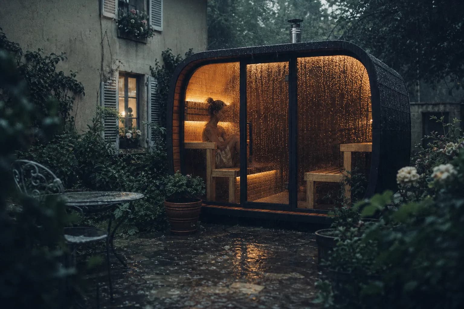 Sauna extérieur aux angles arrondis, éclairé de l’intérieur, dans un jardin sous la pluie au crépuscule