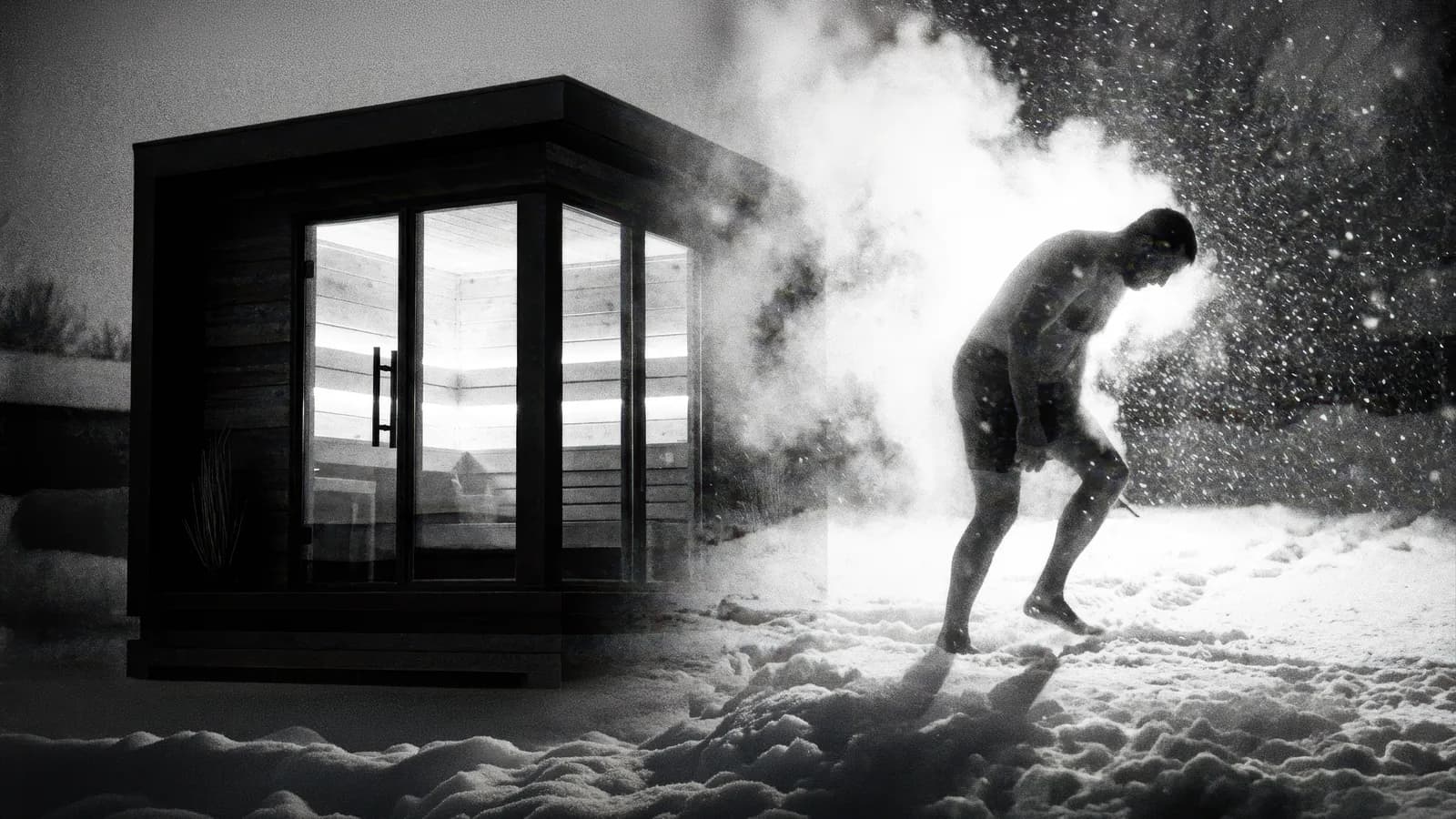 Sauna nordique au cœur de la forêt, vapeur s’échappant à la sortie