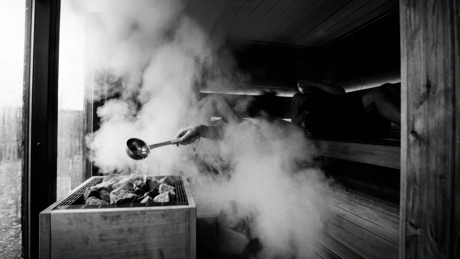 Sauna extérieur Ørigin au crépuscule, lueur chaude à travers la vitre
